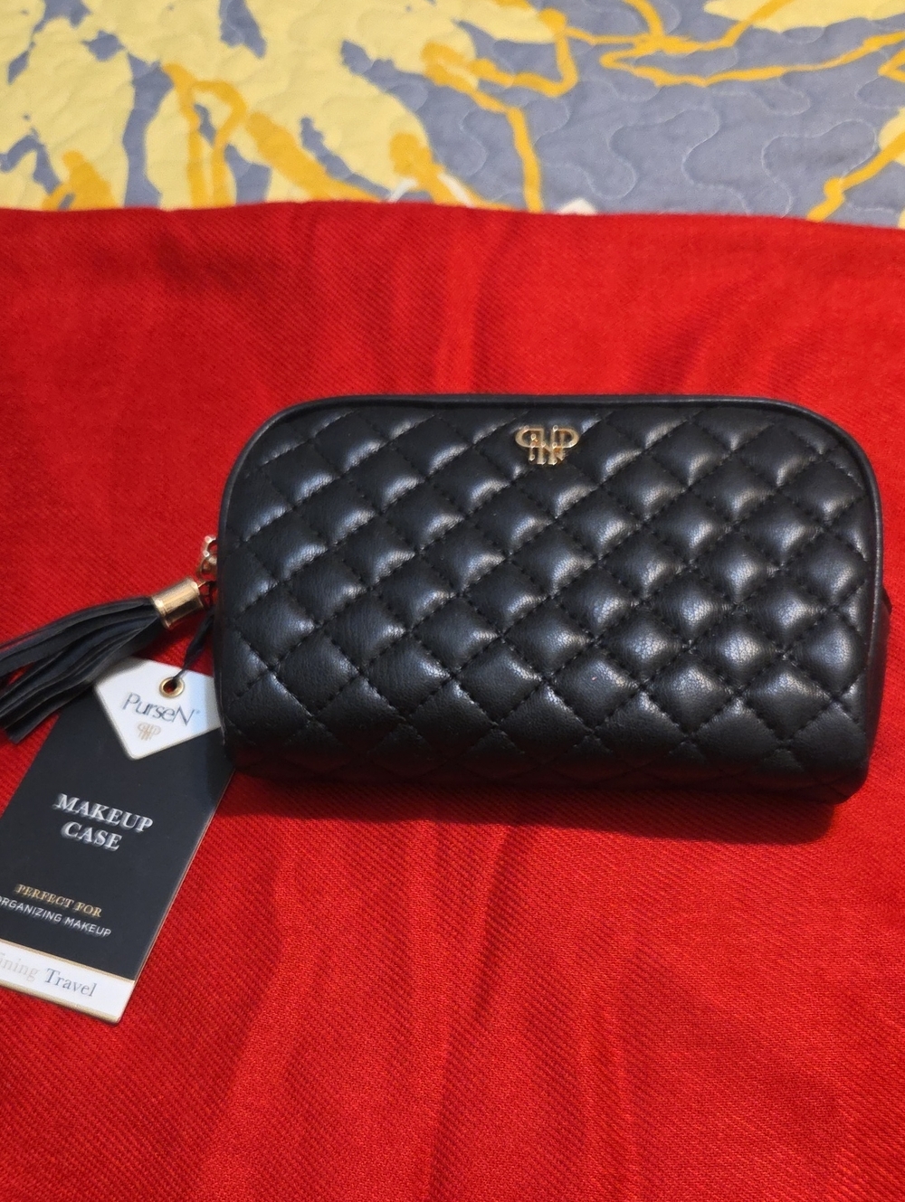 PurseN Black Quilted Travel Cosmetic Pouch with Tassel